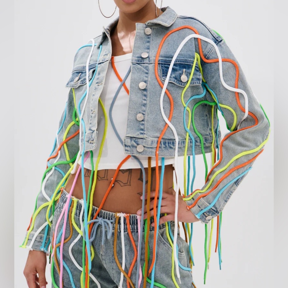 AKIRA WALK IT TALK IT DENIM JACKET Colorful String-Embellished XL SOLD OUT - Picture 1 of 2